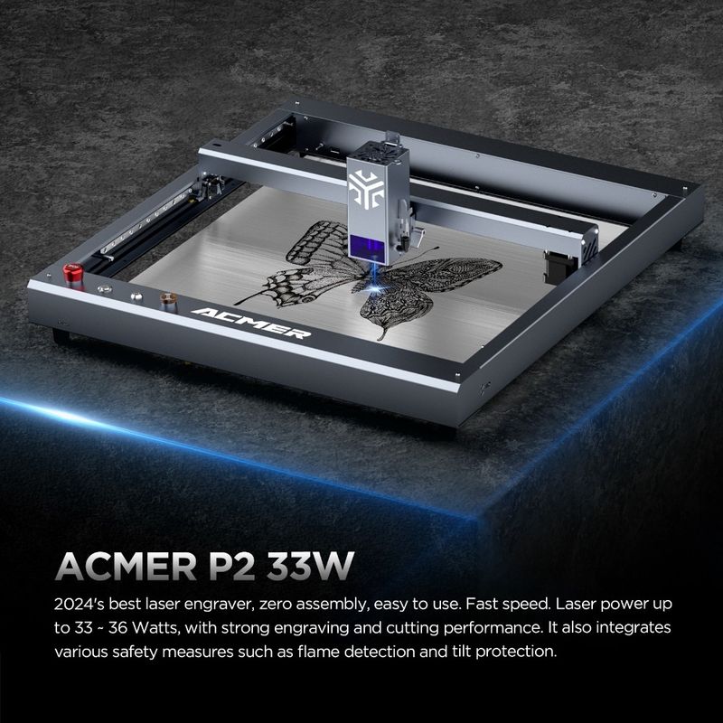 ACMER P2 33W lasergraver snijmachine, houten bureaublad lasergraver en snijmachine hoge snelheid 30000mm/min
