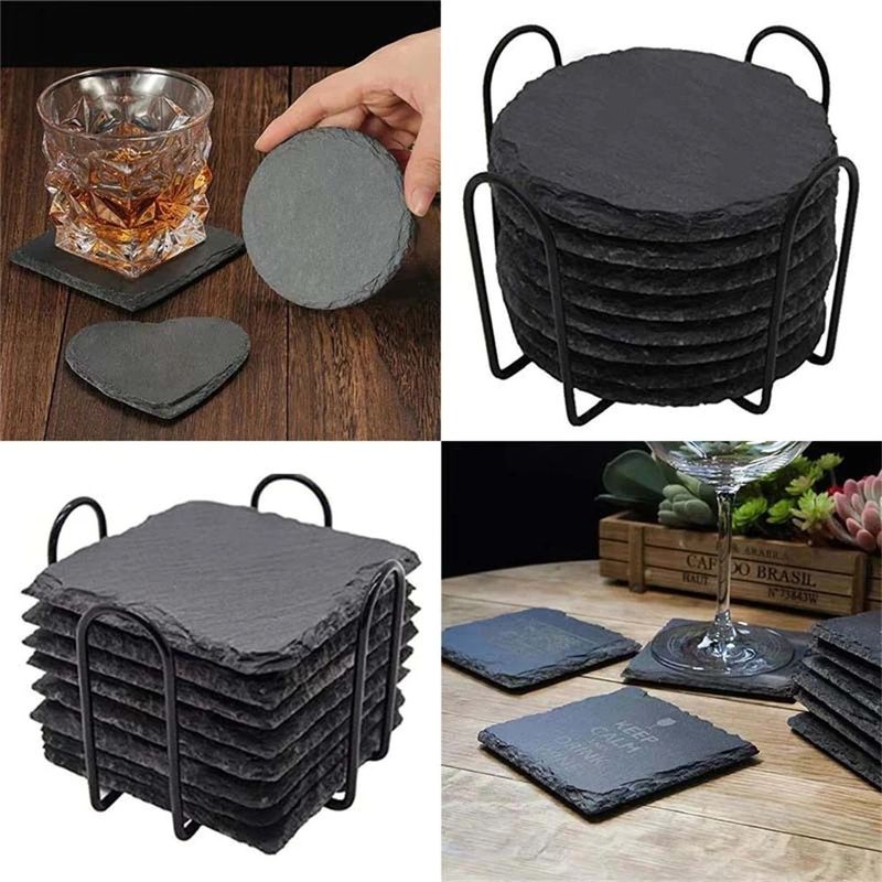 Slate Stone Drink Coasters Zwart Natuurlijke Rand Slate Stone Plate Voor Bar En Huis