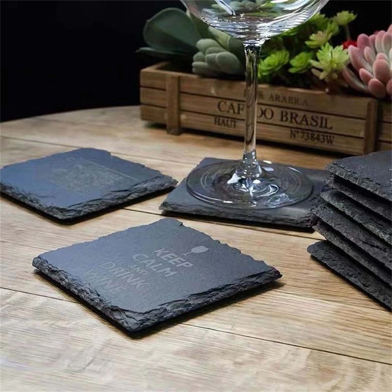 Custom Stone Drink Coasters Zwart Natuurlijke Rand Slate Stone Plate Voor Bar En Huis